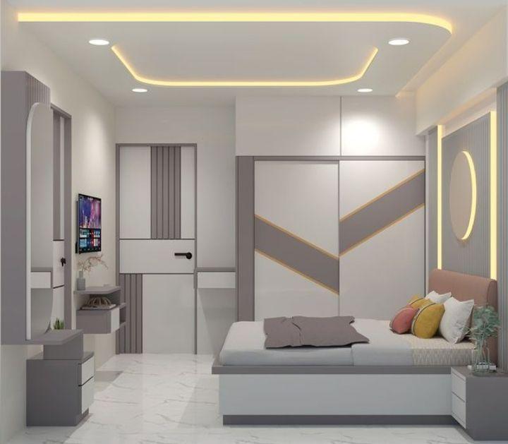 Bedroom interior with soft grey and white walls and cove lighting