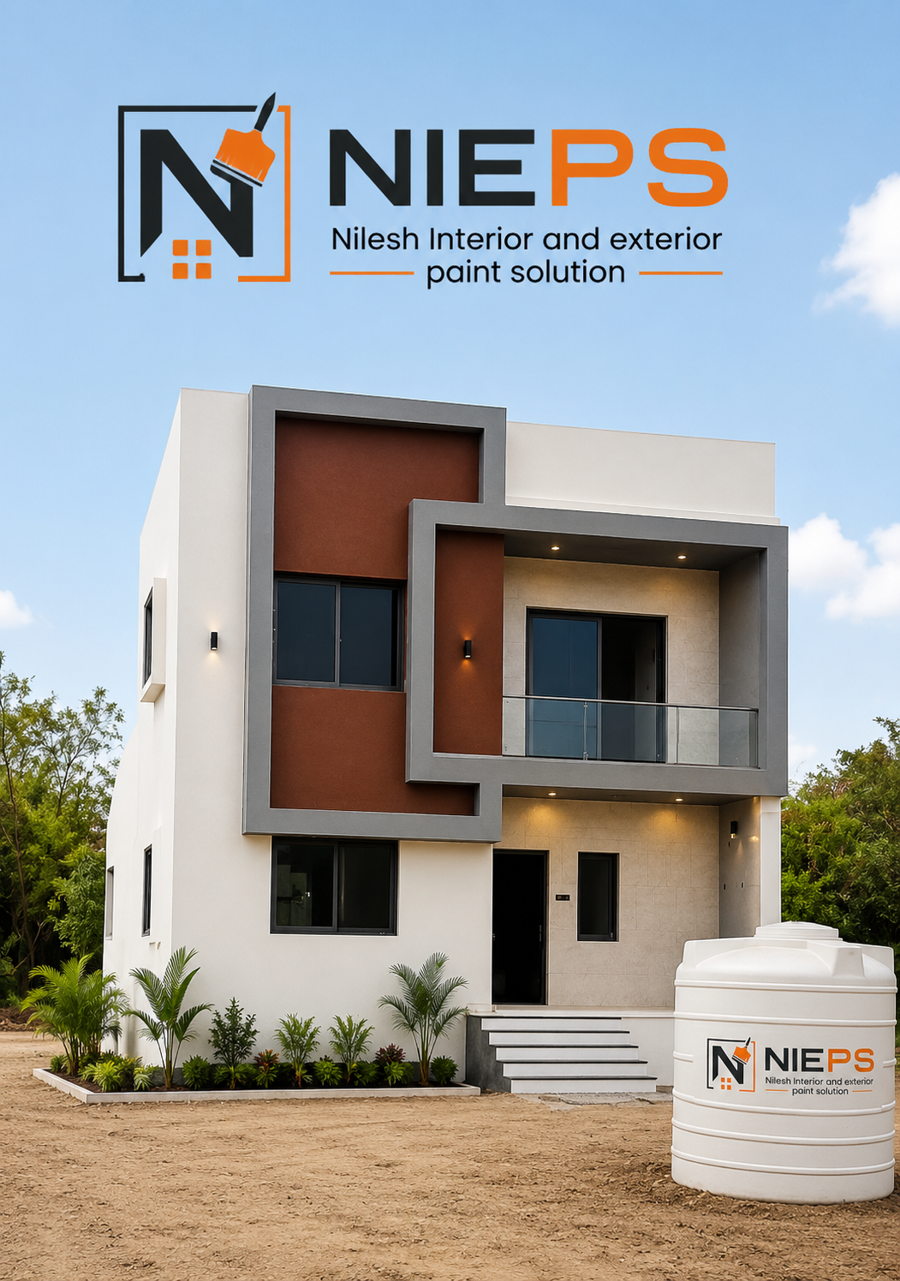 Modern two-storey house exterior painted in white, grey and terracotta