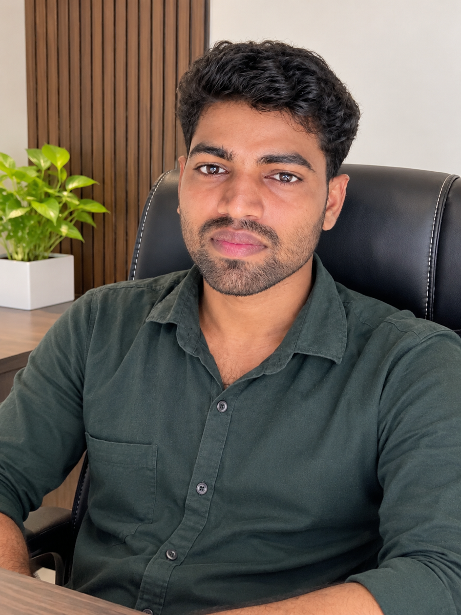 Nilesh, founder of NIEPS, seated in a black office chair wearing a dark green shirt